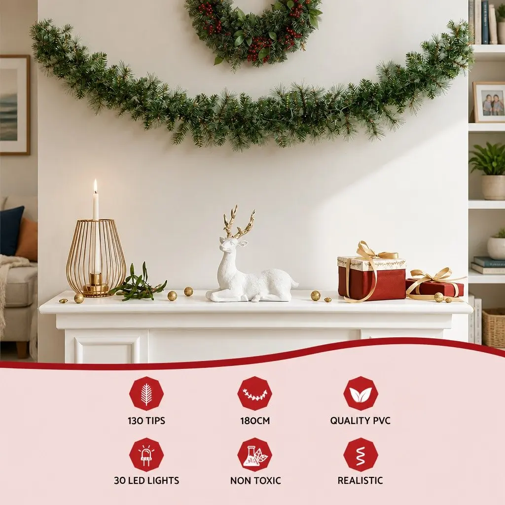 1.8m Green Christmas Garland with Warm LED Lighting