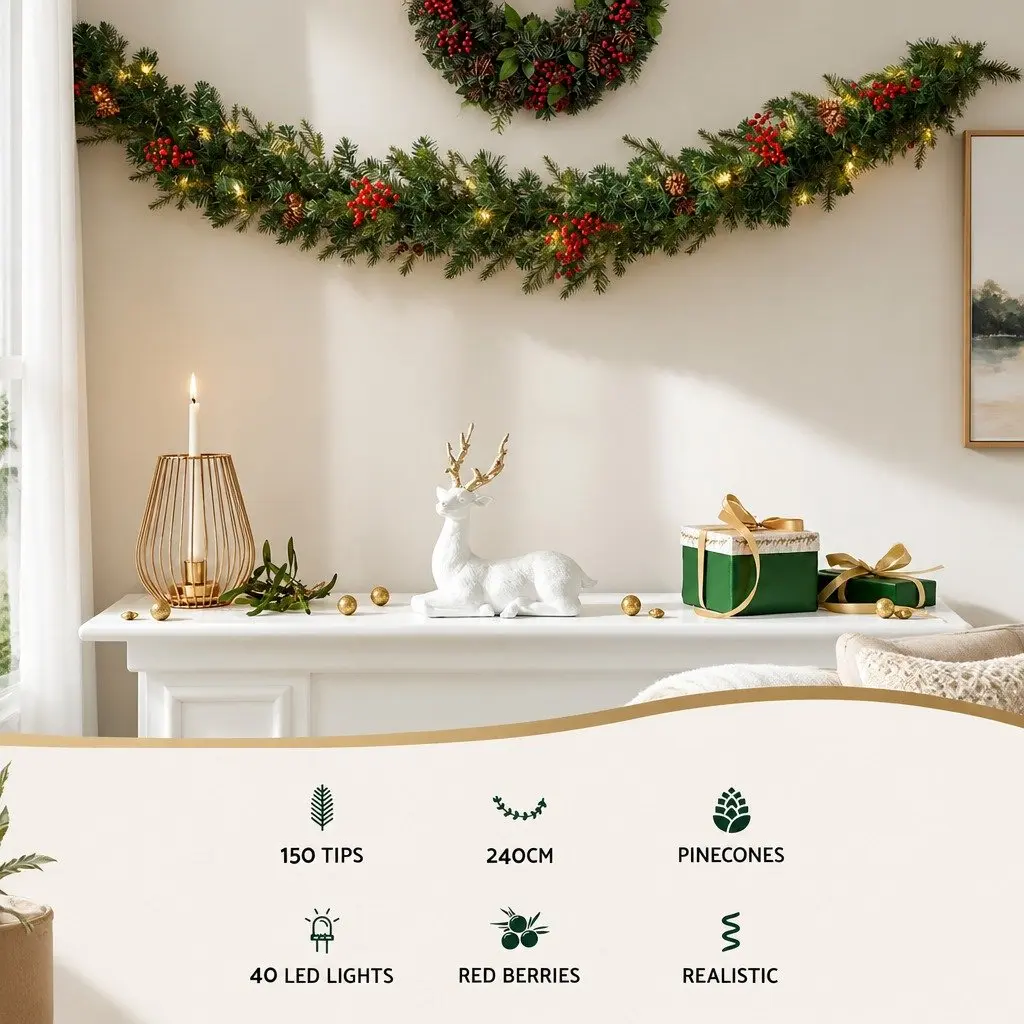 2.4m Christmas Garland with Warm LED Lights