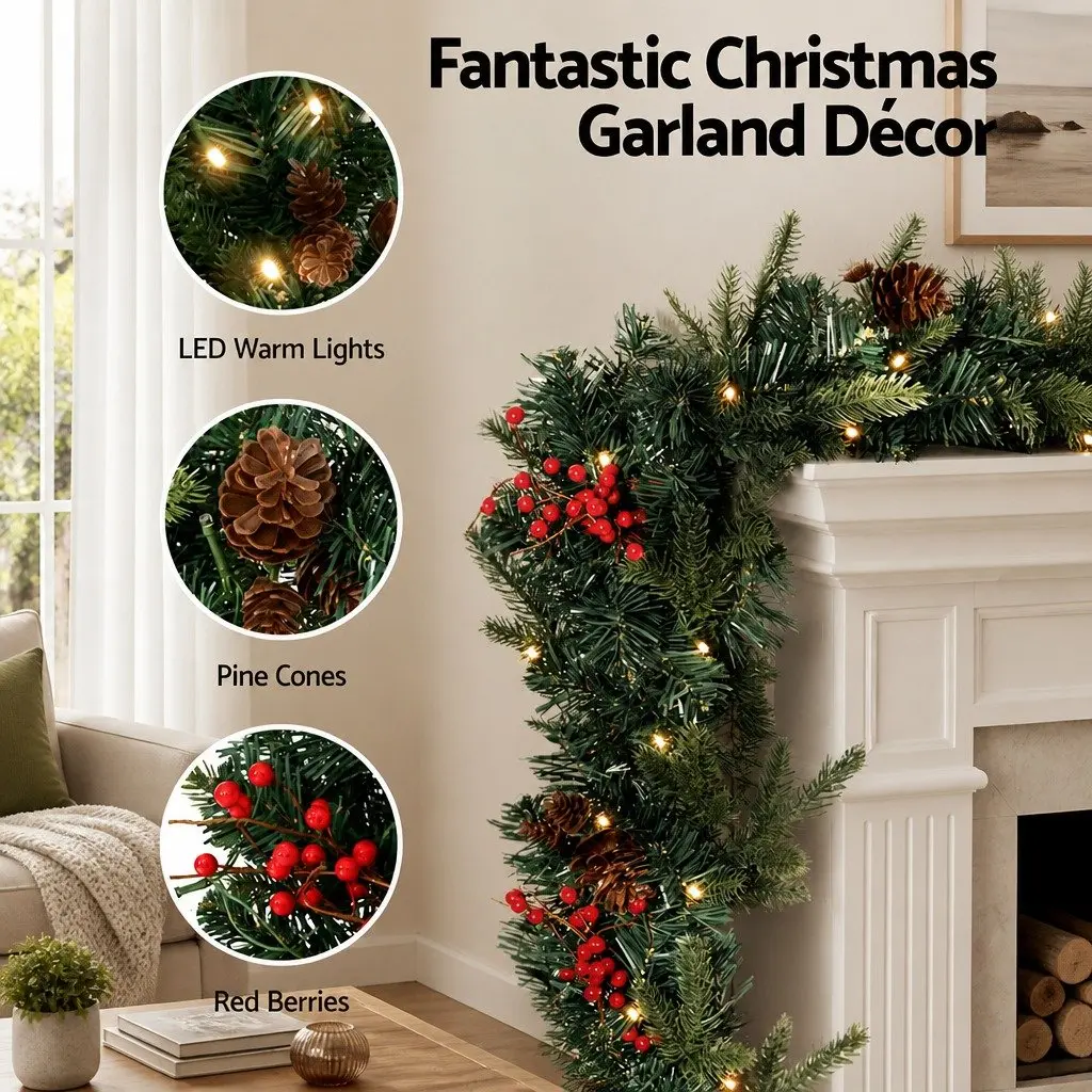 2.4m Christmas Garland with Warm LED Lights