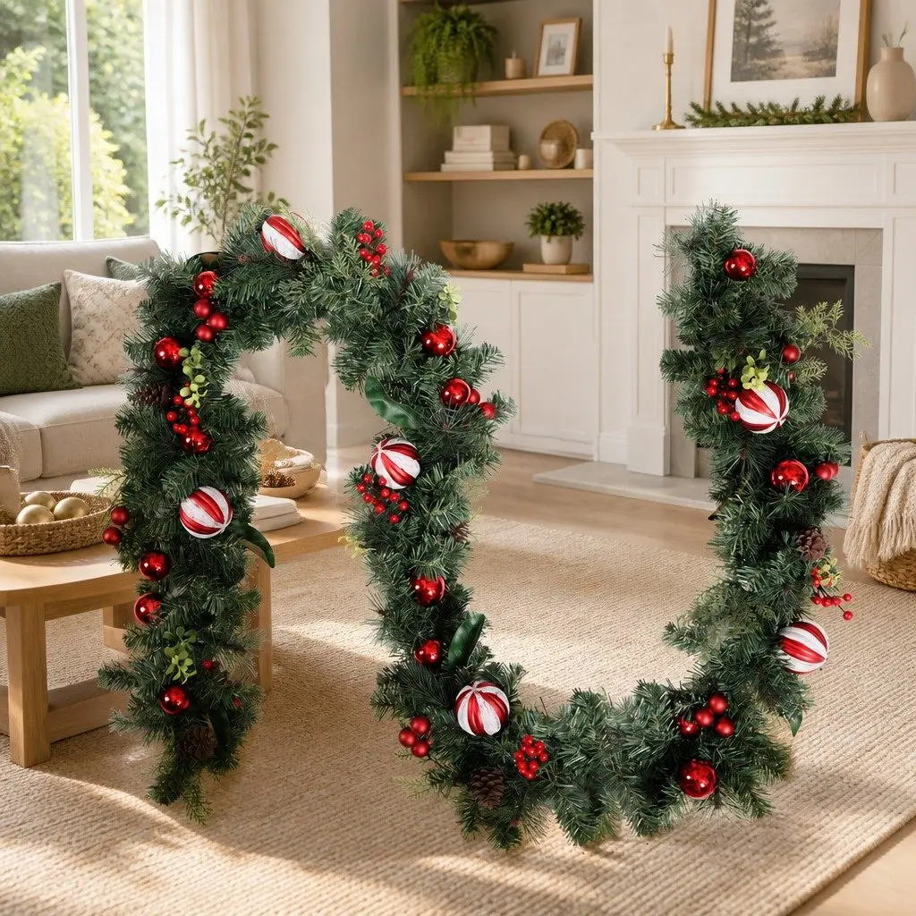 Christmas Garland 2.7m Green with Lights Baubles Berries Pine Cones Indoor