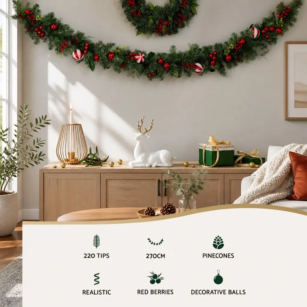 Christmas Garland 2.7m Green with Lights Baubles Berries Pine Cones Indoor