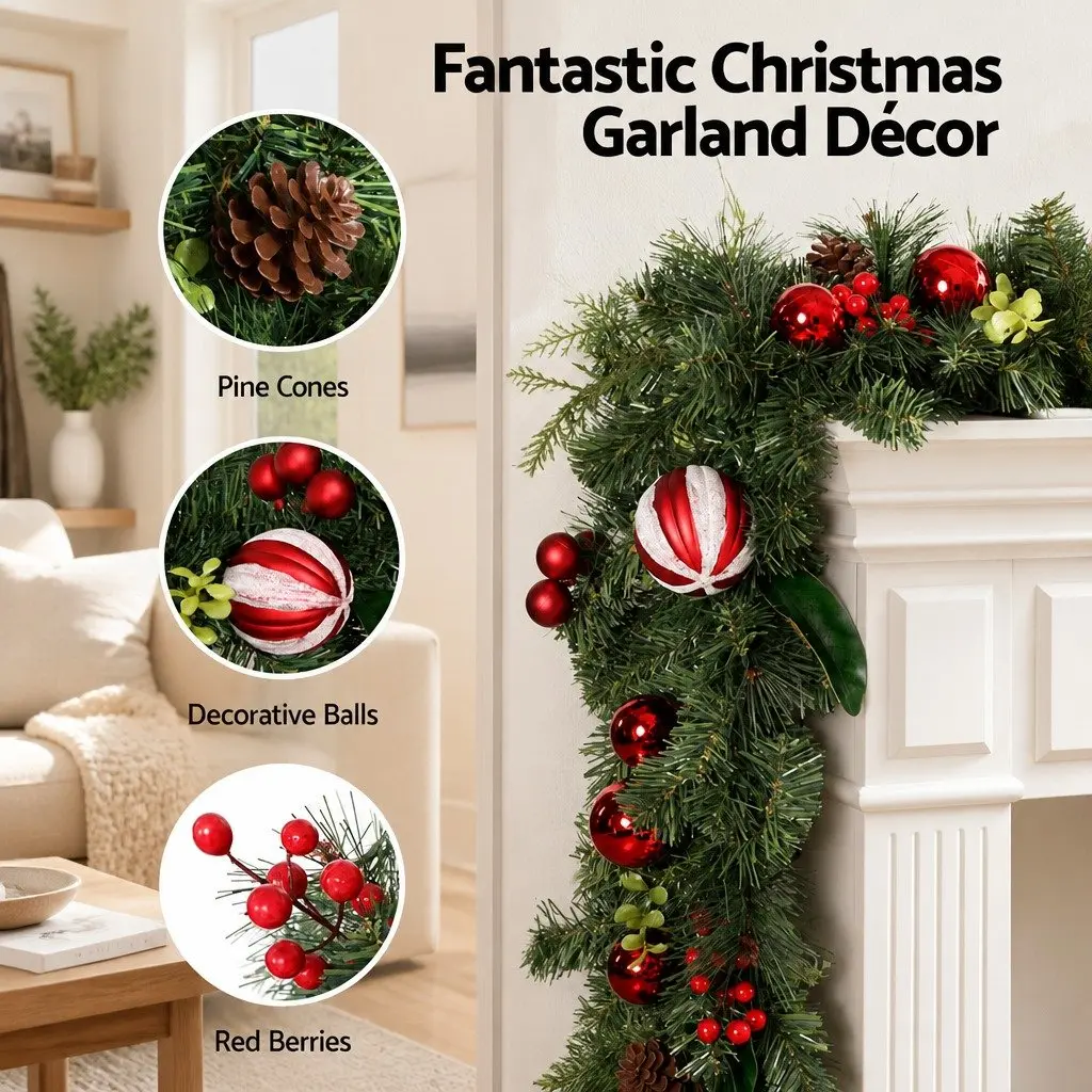 Christmas Garland 2.7m Green with Lights Baubles Berries Pine Cones Indoor