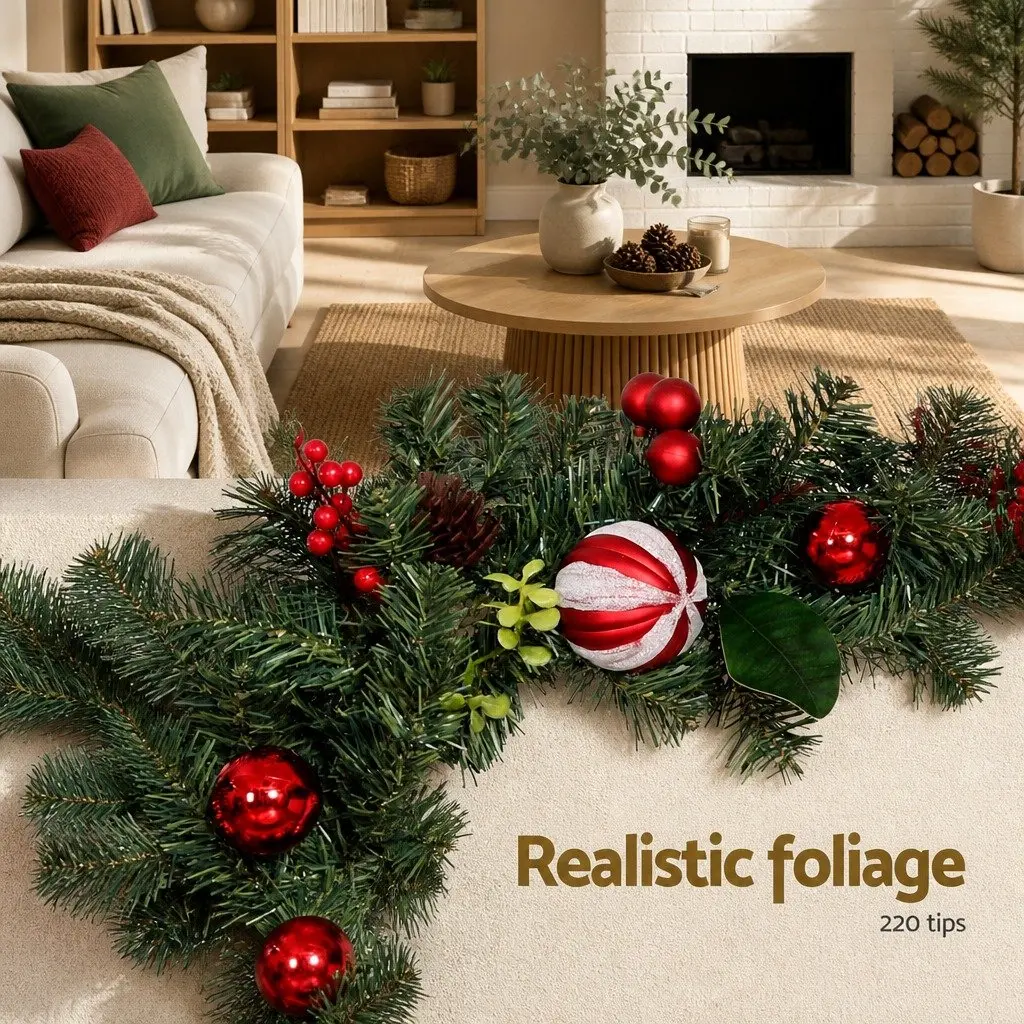 Christmas Garland 2.7m Green with Lights Baubles Berries Pine Cones Indoor