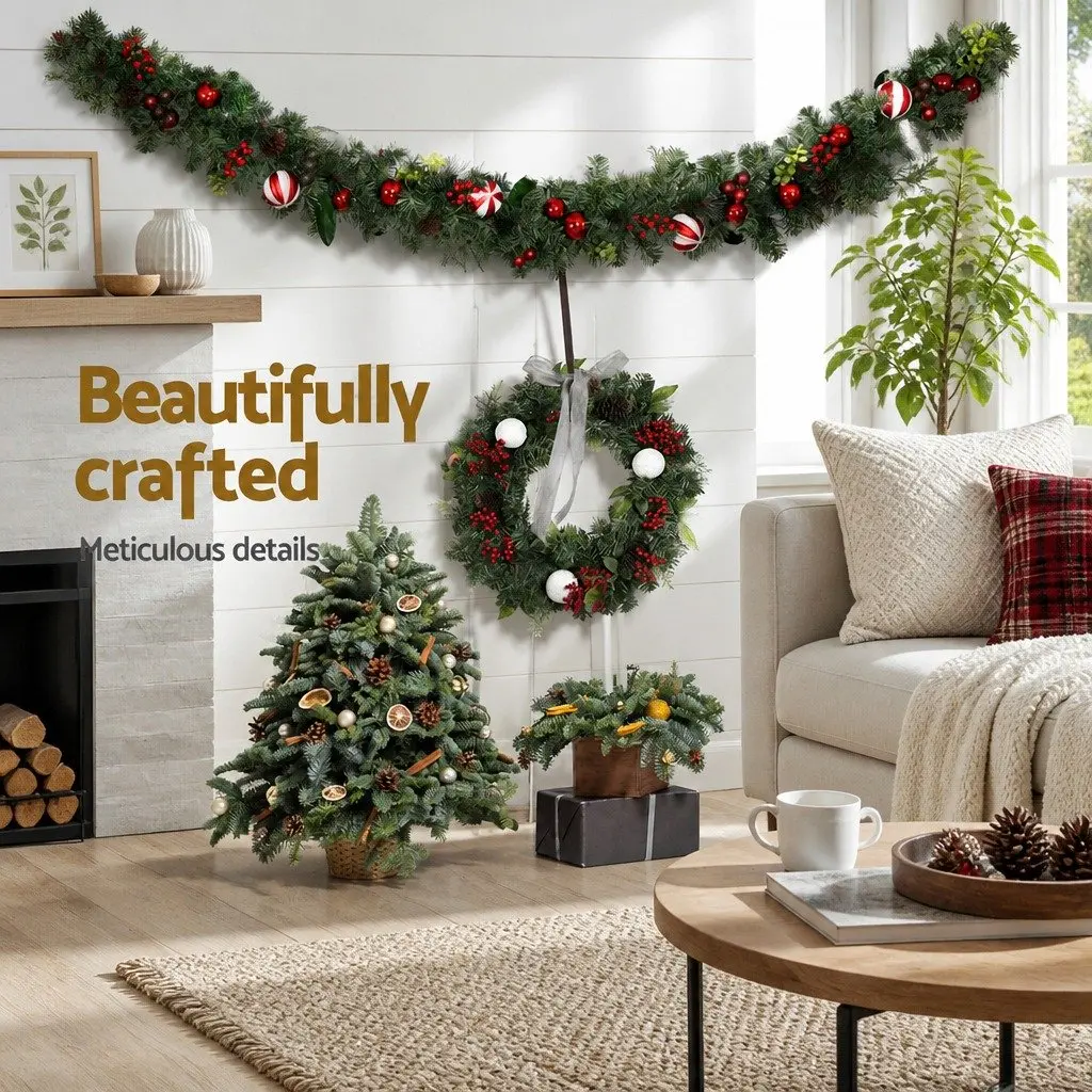 Christmas Garland 2.7m Green with Lights Baubles Berries Pine Cones Indoor