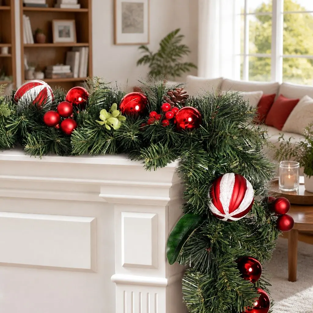 Christmas Garland 2.7m Green with Lights Baubles Berries Pine Cones Indoor