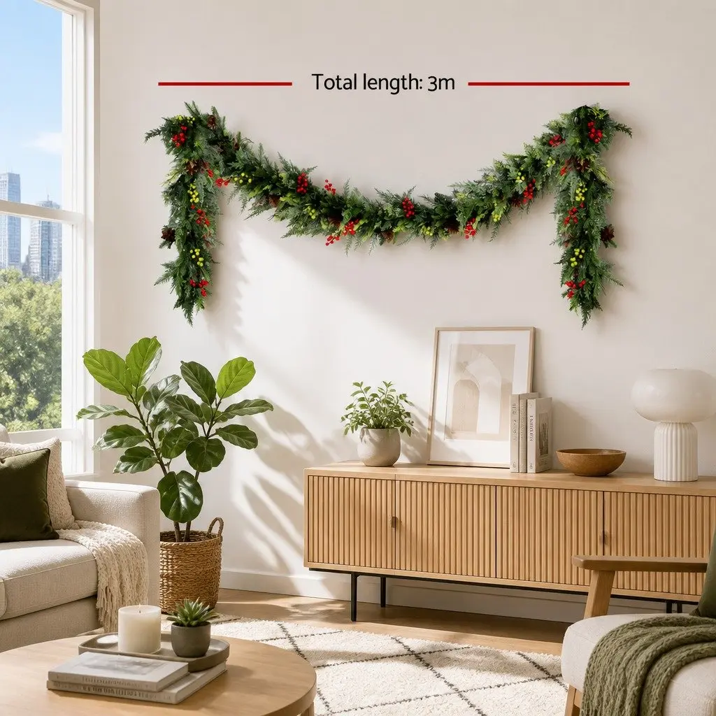 Christmas Garland Pre-lit 3 Metre Warm White LED Lights Pine Cones Berries Green Indoor Outdoor