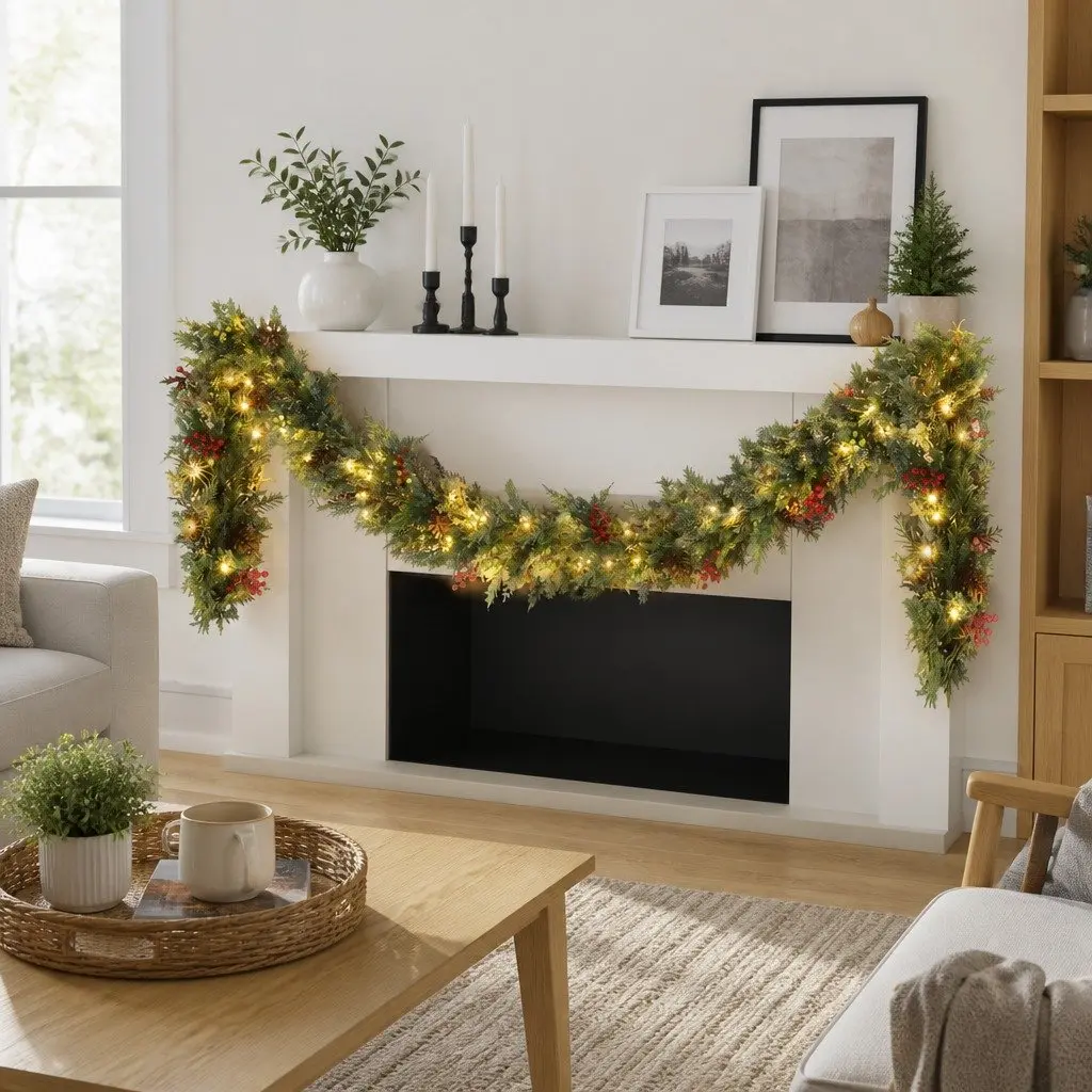 Christmas Garland Pre-lit 3 Metre Warm White LED Lights Pine Cones Berries Green Indoor Outdoor