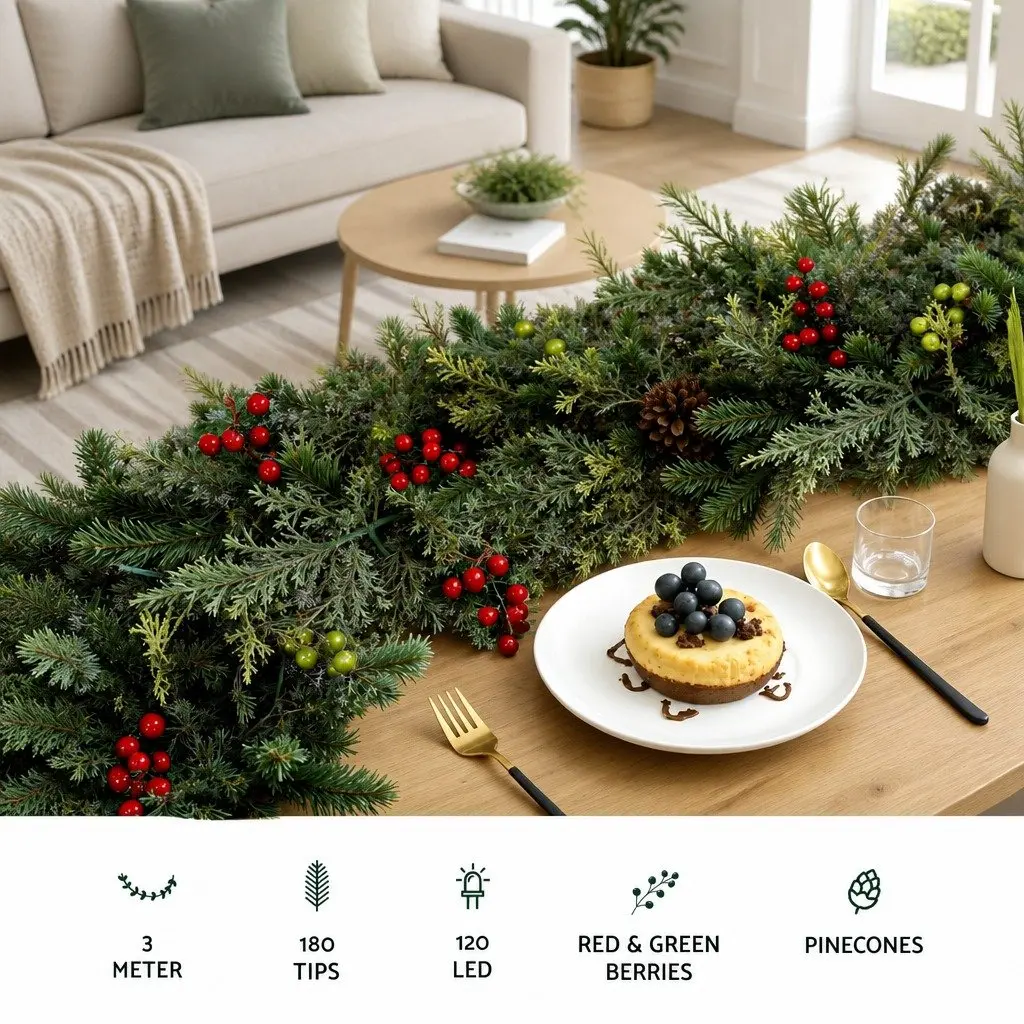 Christmas Garland Pre-lit 3 Metre Warm White LED Lights Pine Cones Berries Green Indoor Outdoor