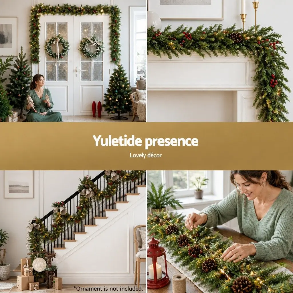 Christmas Garland Pre-lit 3 Metre Warm White LED Lights Pine Cones Berries Green Indoor Outdoor