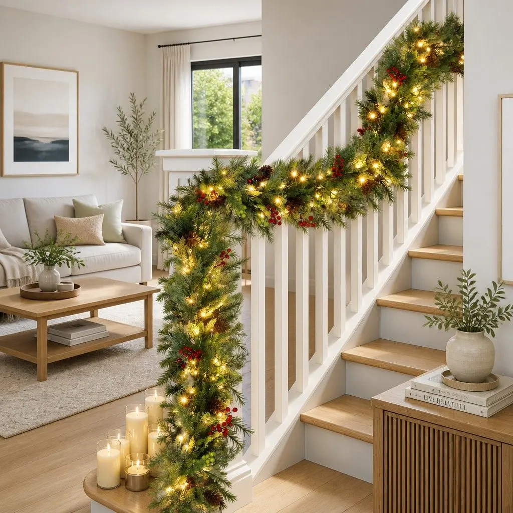 Christmas Garland Pre-lit 3 Metre Warm White LED Lights Pine Cones Berries Green Indoor Outdoor
