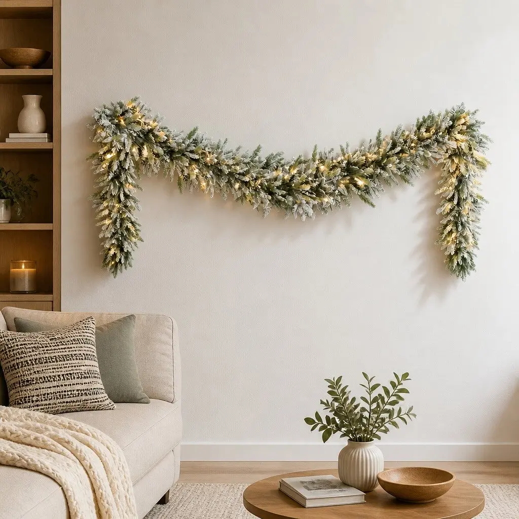Christmas Garland Pre-lit Warm LED Lights 3 Metre Snow Frosted Green Indoor Outdoor