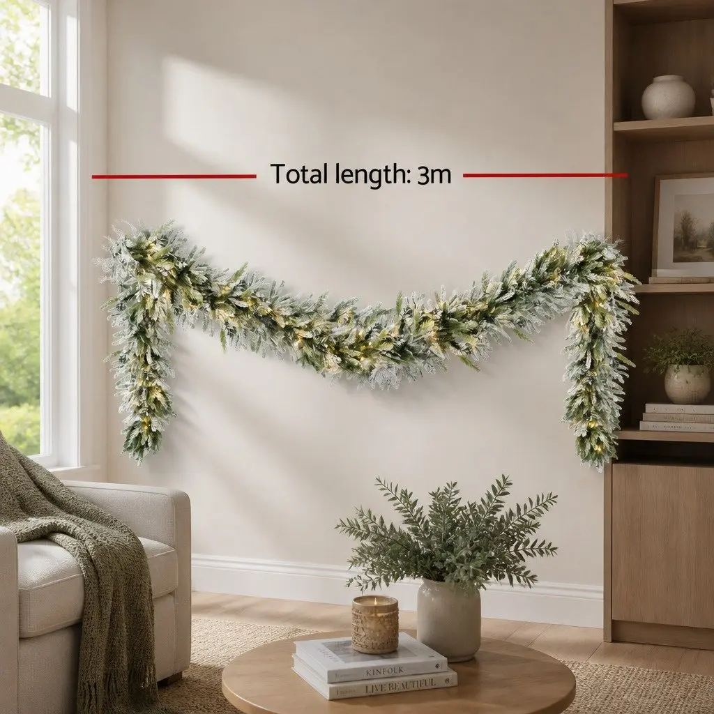 Christmas Garland Pre-lit Warm LED Lights 3 Metre Snow Frosted Green Indoor Outdoor