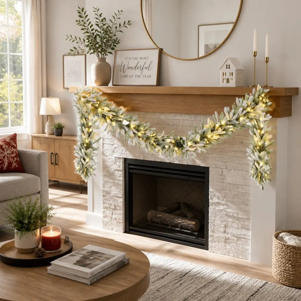 Christmas Garland Pre-lit Warm LED Lights 3 Metre Snow Frosted Green Indoor Outdoor