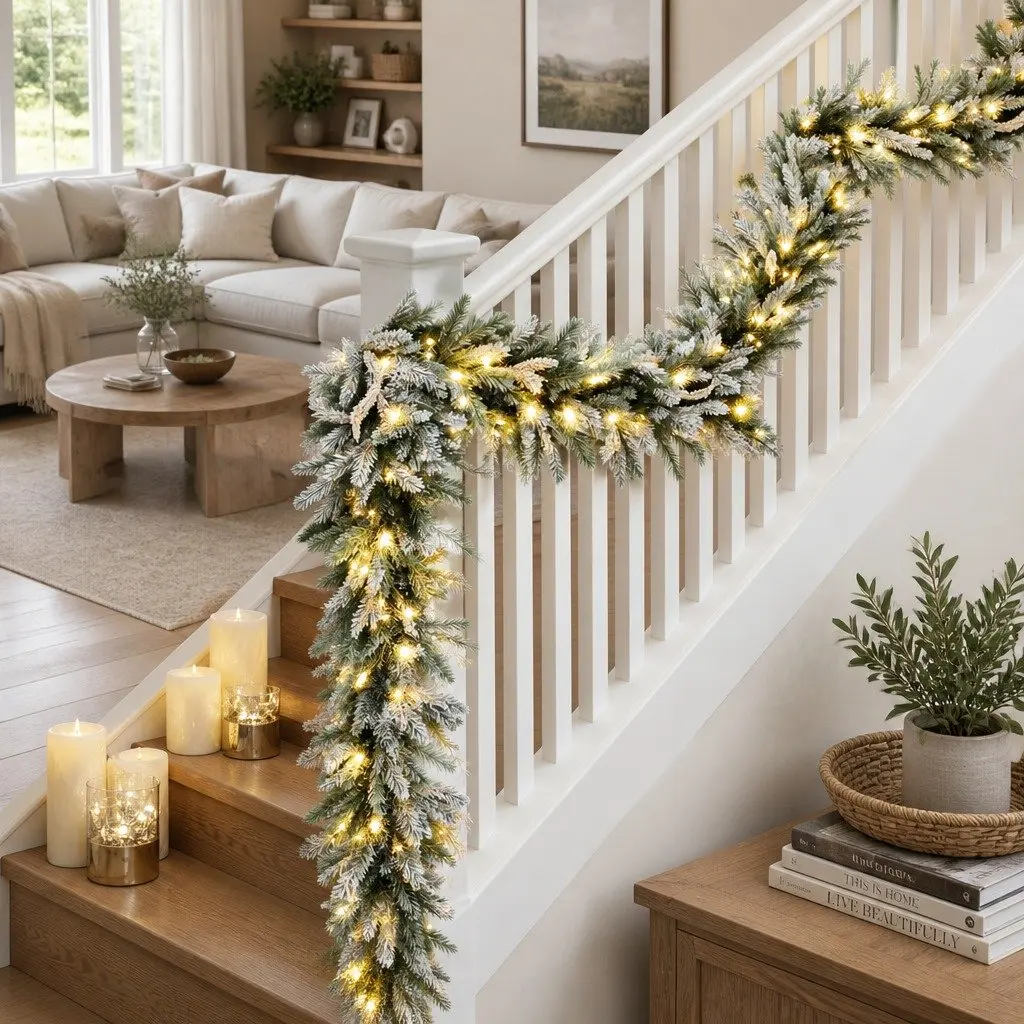 Christmas Garland Pre-lit Warm LED Lights 3 Metre Snow Frosted Green Indoor Outdoor