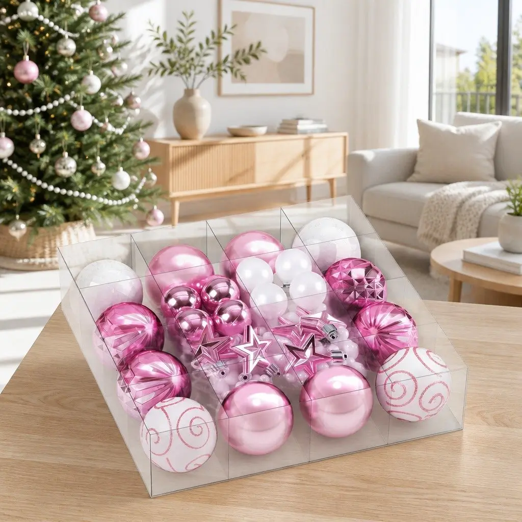 Christmas Tree Ornament Set 33 Pieces Baubles Stars Garland Pink White