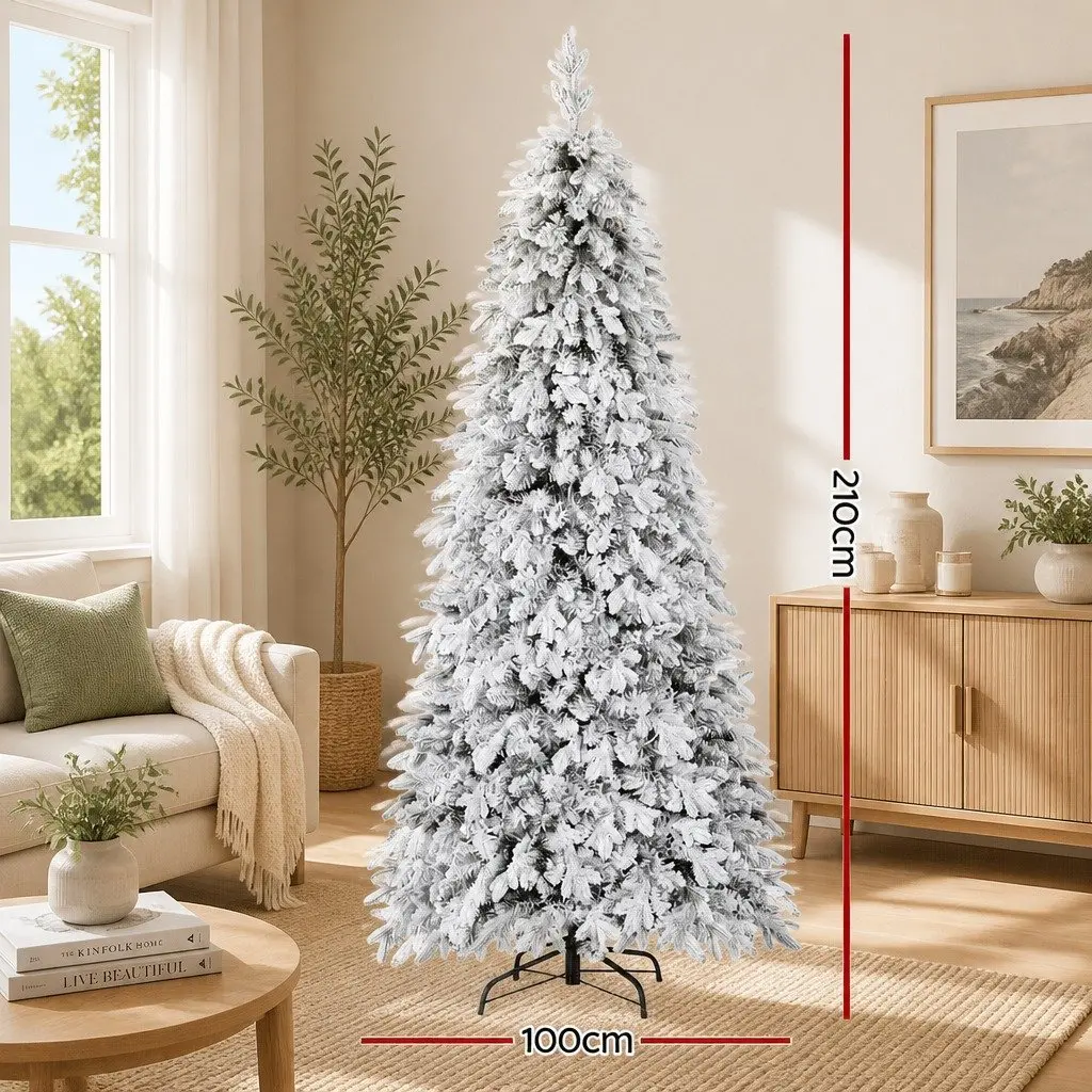 Christmas Pencil Tree 2.1m Flocked 860 Tips 350 LED Lights Slim Design Xmas