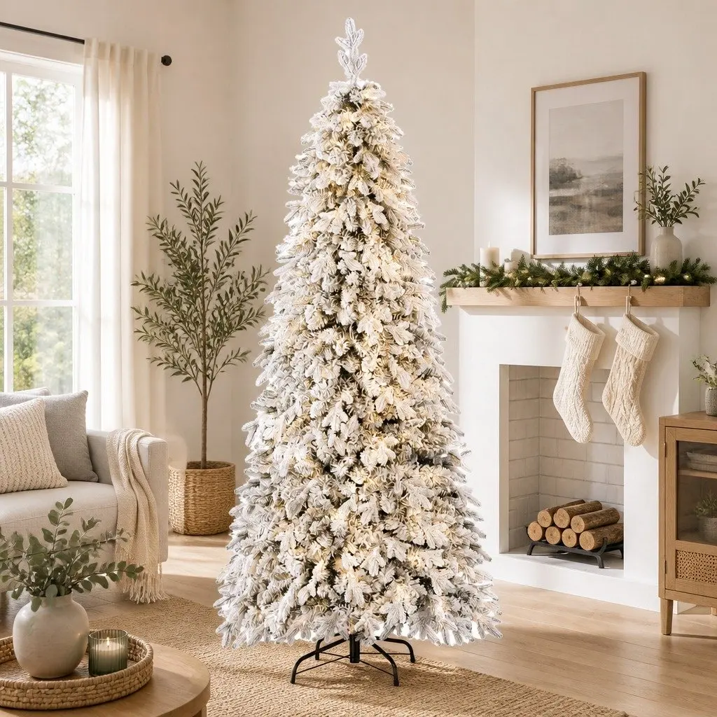 Christmas Pencil Tree 2.1m Flocked 860 Tips 350 LED Lights Slim Design Xmas