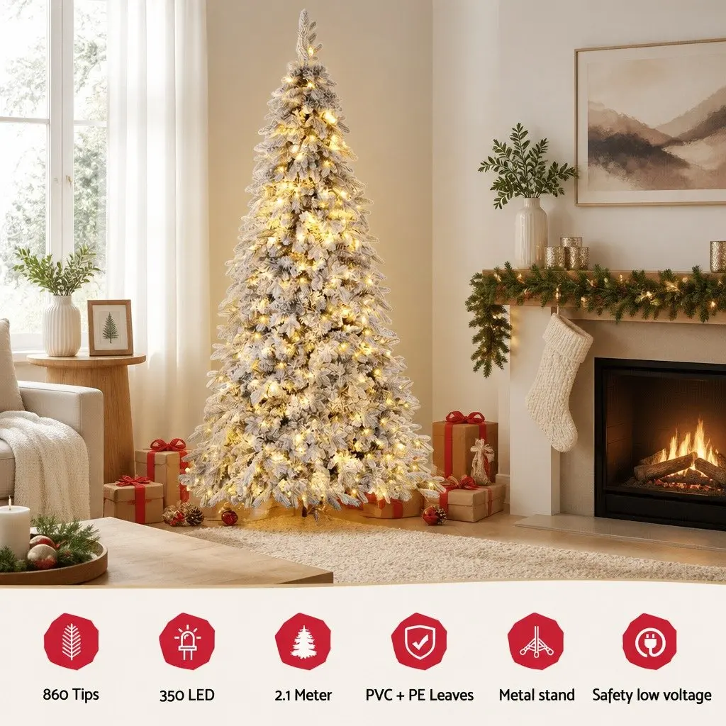 Christmas Pencil Tree 2.1m Flocked 860 Tips 350 LED Lights Slim Design Xmas