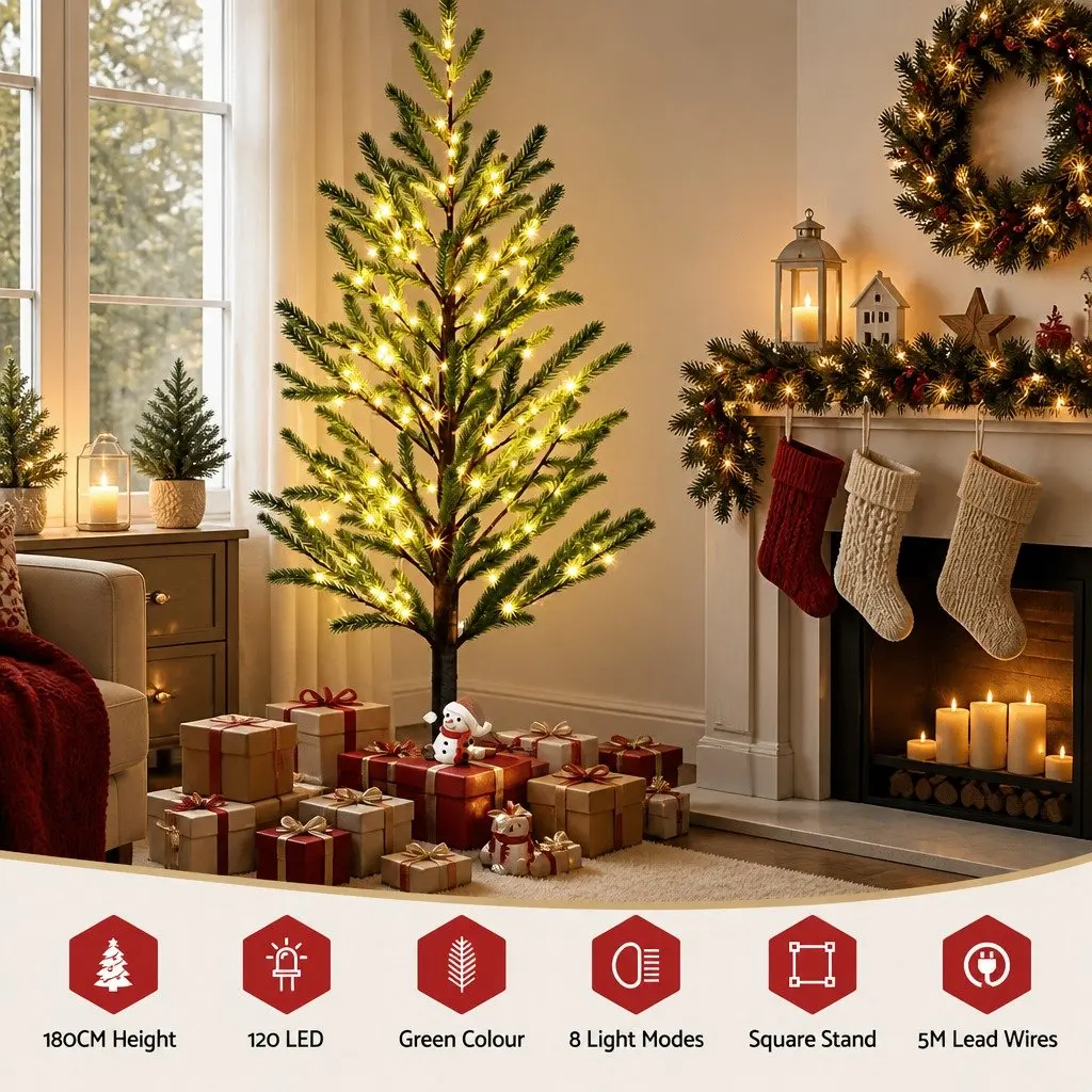 Pre-lit LED Christmas Tree 1.8M Green Artificial with 8 Light Modes