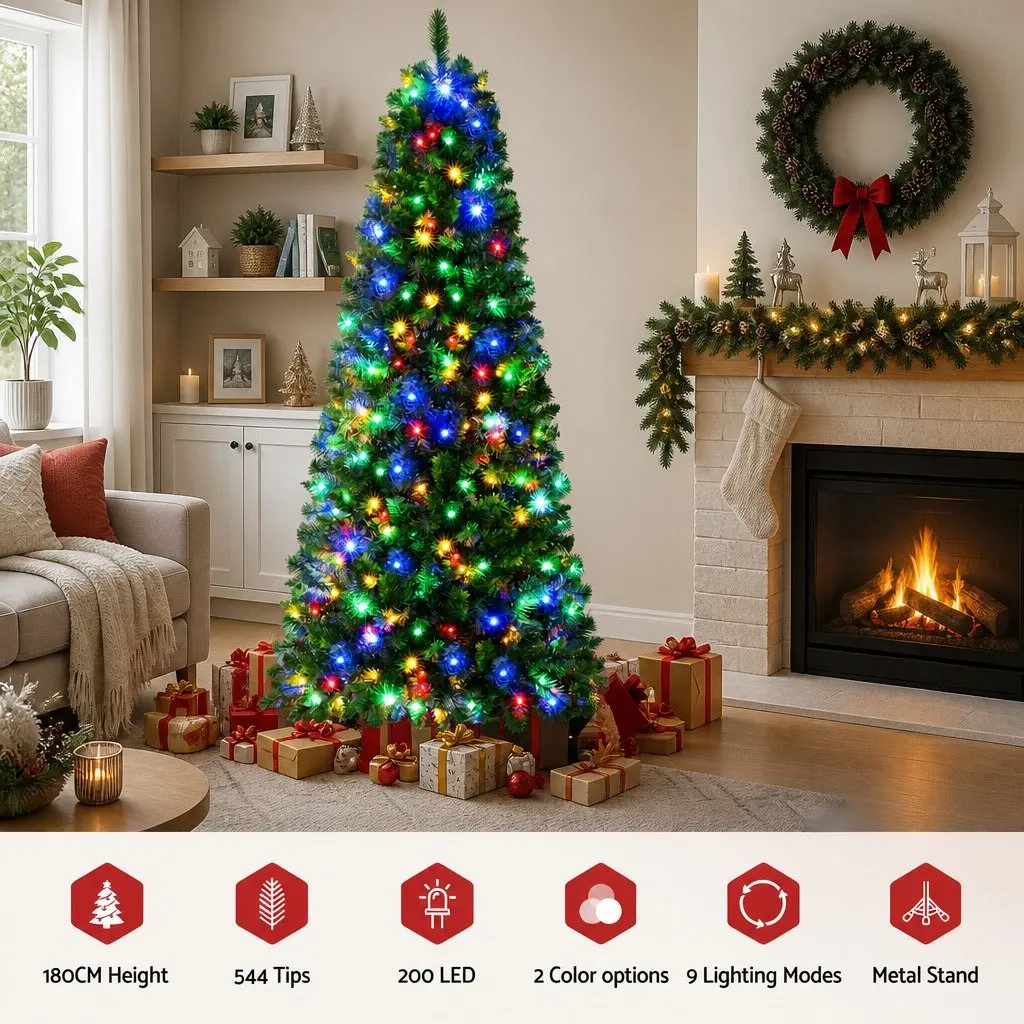 Christmas Tree Pre-Lit 1.8M Multi Colour LED Green 544 Tips