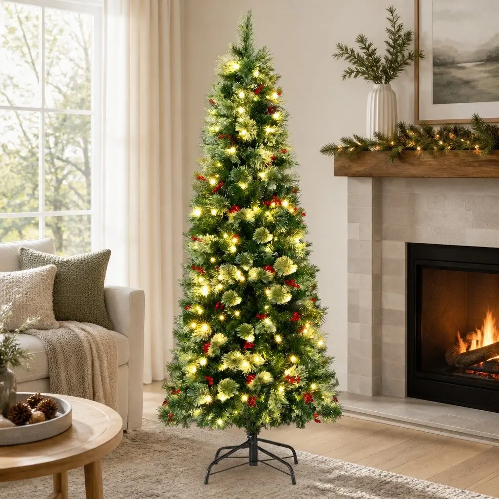 Christmas Tree 180cm LED Xmas Pine Tree Red Berries Party Home Decoration 6FT