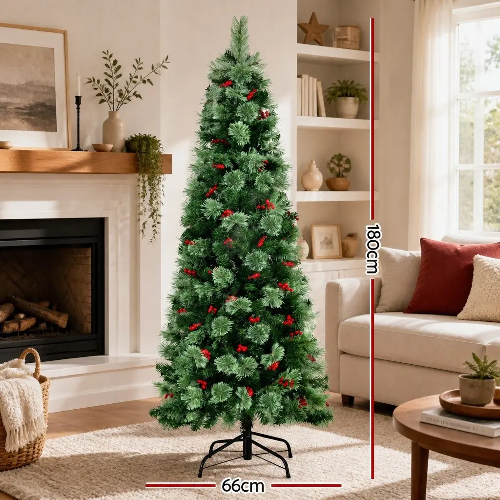 Christmas Tree 180cm LED Xmas Pine Tree Red Berries Party Home Decoration 6FT
