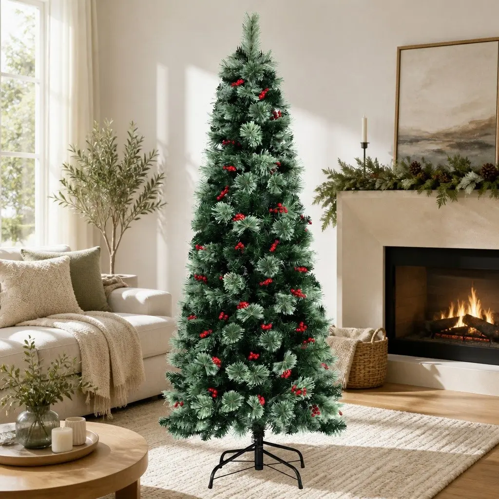 Christmas Tree 180cm LED Xmas Pine Tree Red Berries Party Home Decoration 6FT