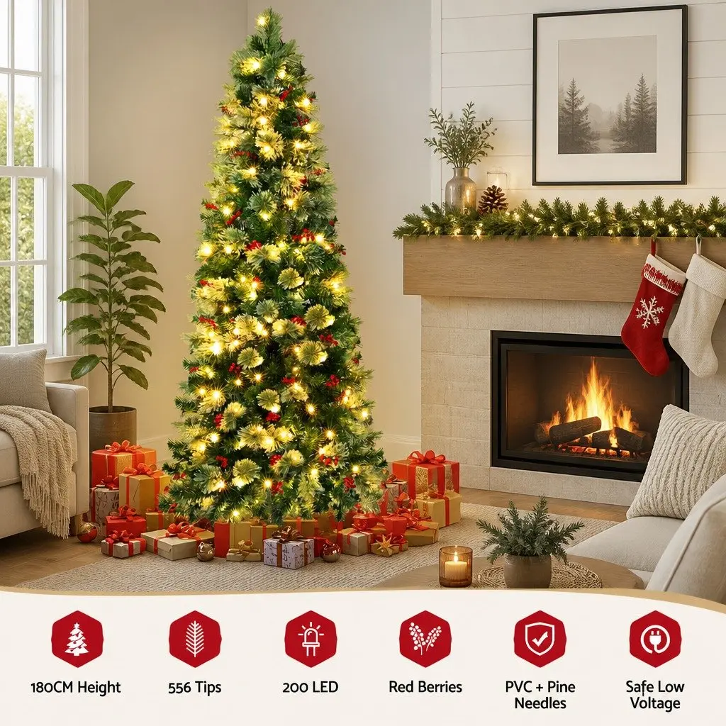 Christmas Tree 180cm LED Xmas Pine Tree Red Berries Party Home Decoration 6FT