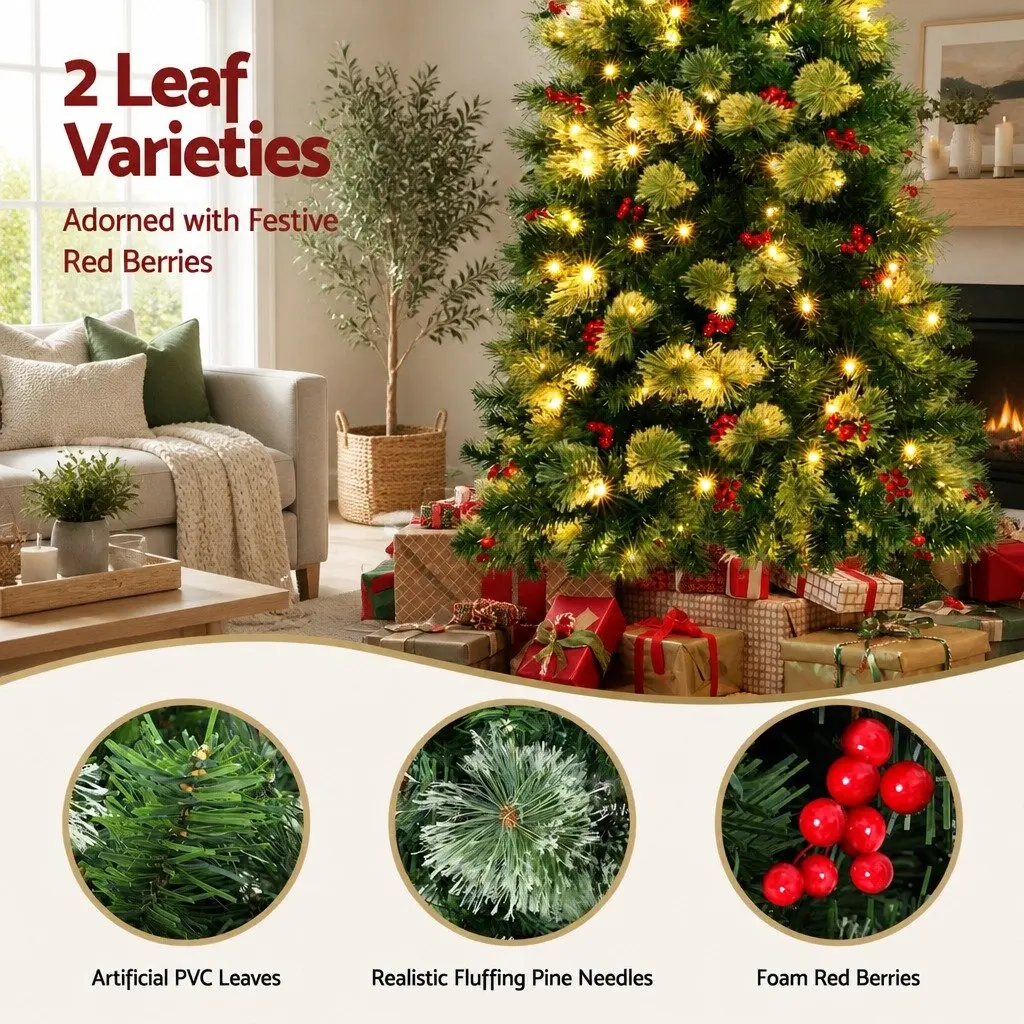 Christmas Tree 180cm LED Xmas Pine Tree Red Berries Party Home Decoration 6FT
