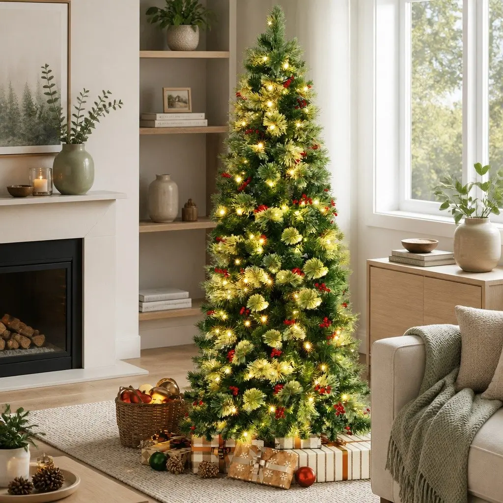 Christmas Tree 180cm LED Xmas Pine Tree Red Berries Party Home Decoration 6FT