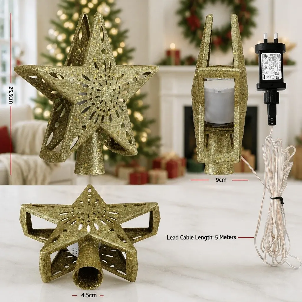 Christmas Tree Topper Gold Star Snowflake Projector 26cm Indoor
