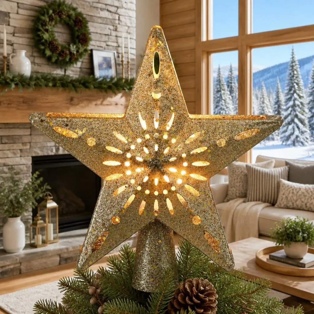 Christmas Tree Topper Gold Star Snowflake Projector 26cm Indoor