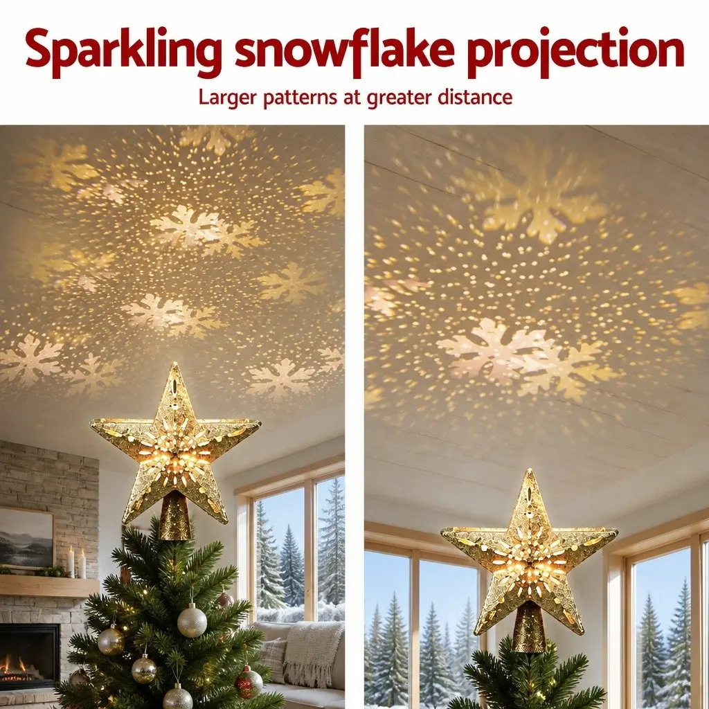 Christmas Tree Topper Gold Star Snowflake Projector 26cm Indoor