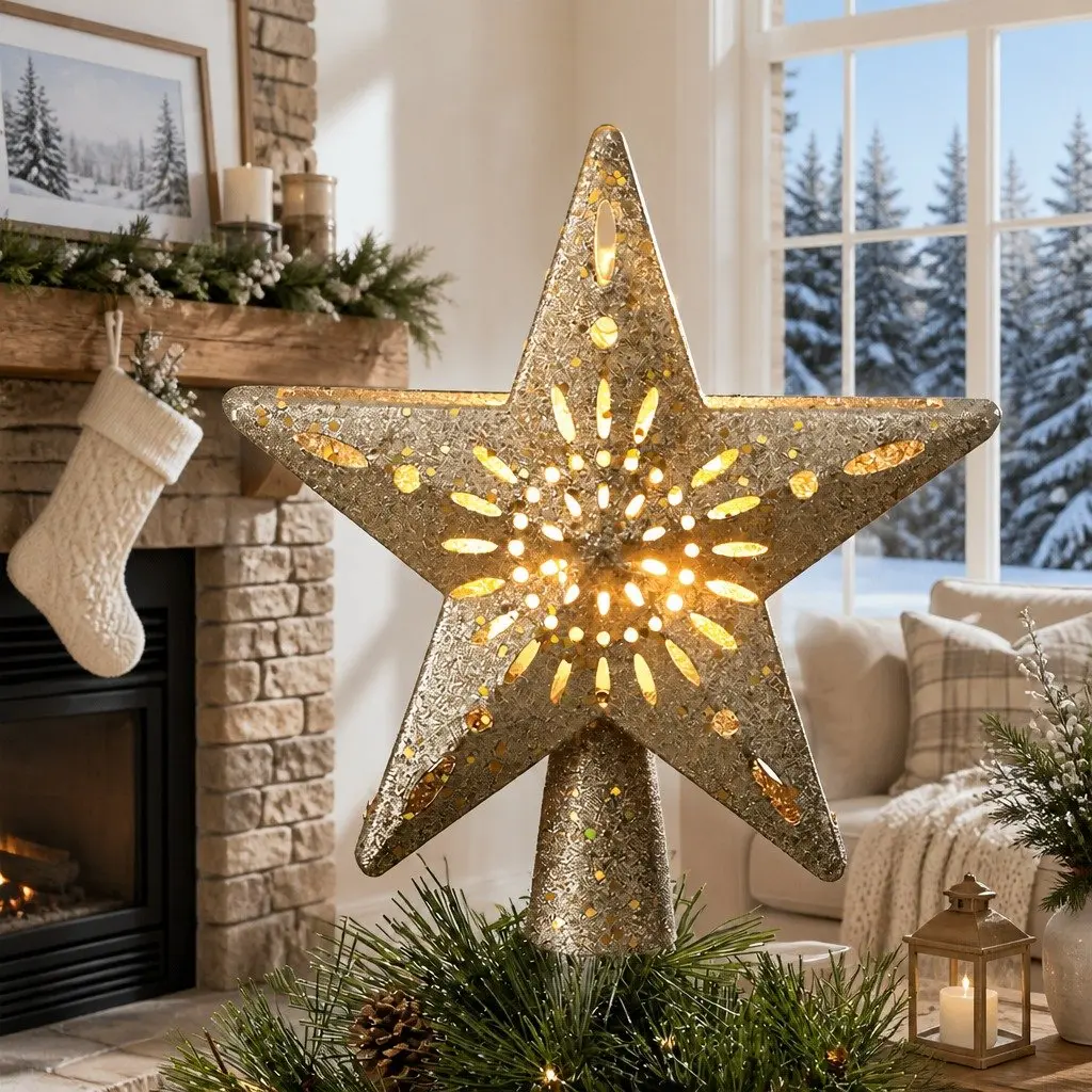Christmas Tree Topper Gold Star Snowflake Projector 26cm Indoor