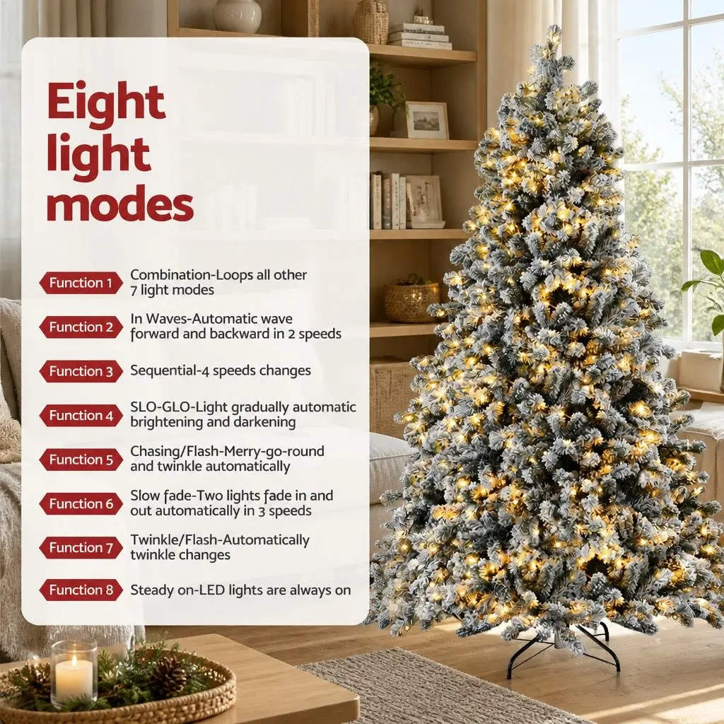 Christmas Tree Pre-Lit LED 1.8m Snow Flocked Green 8 Light Modes