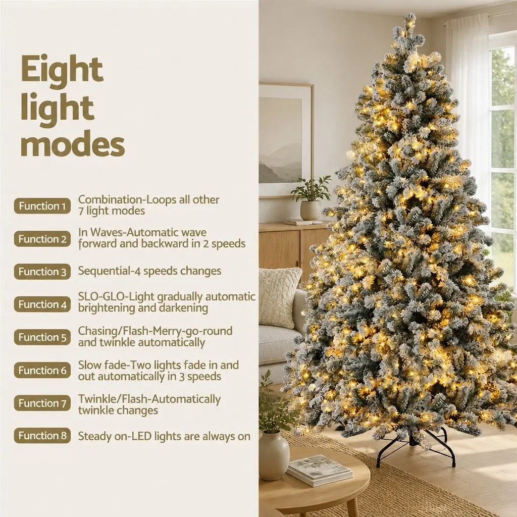 Pre-Lit Christmas Tree 2.1m Snow Flocked Warm White 500 LED Lights 8 Modes