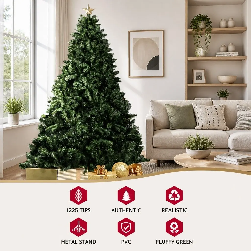 Artificial Christmas Tree 2.4m Green Xmas Tree 1225 Tips Metal Stand Home Decor