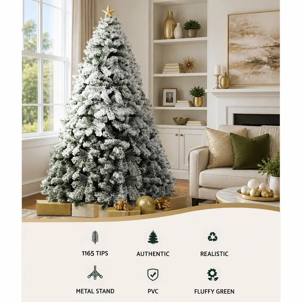 Christmas Tree 2.4m Snow Flocked Xmas Decorations 1165 Tips Green White Faux