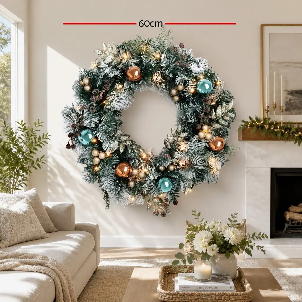 Christmas Wreath 60cm Pre-lit LED Garland Snowy Foliage Indoor Outdoor