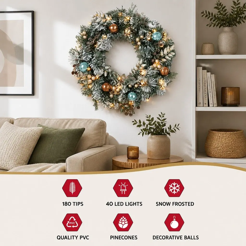 Christmas Wreath 60cm Pre-lit LED Garland Snowy Foliage Indoor Outdoor