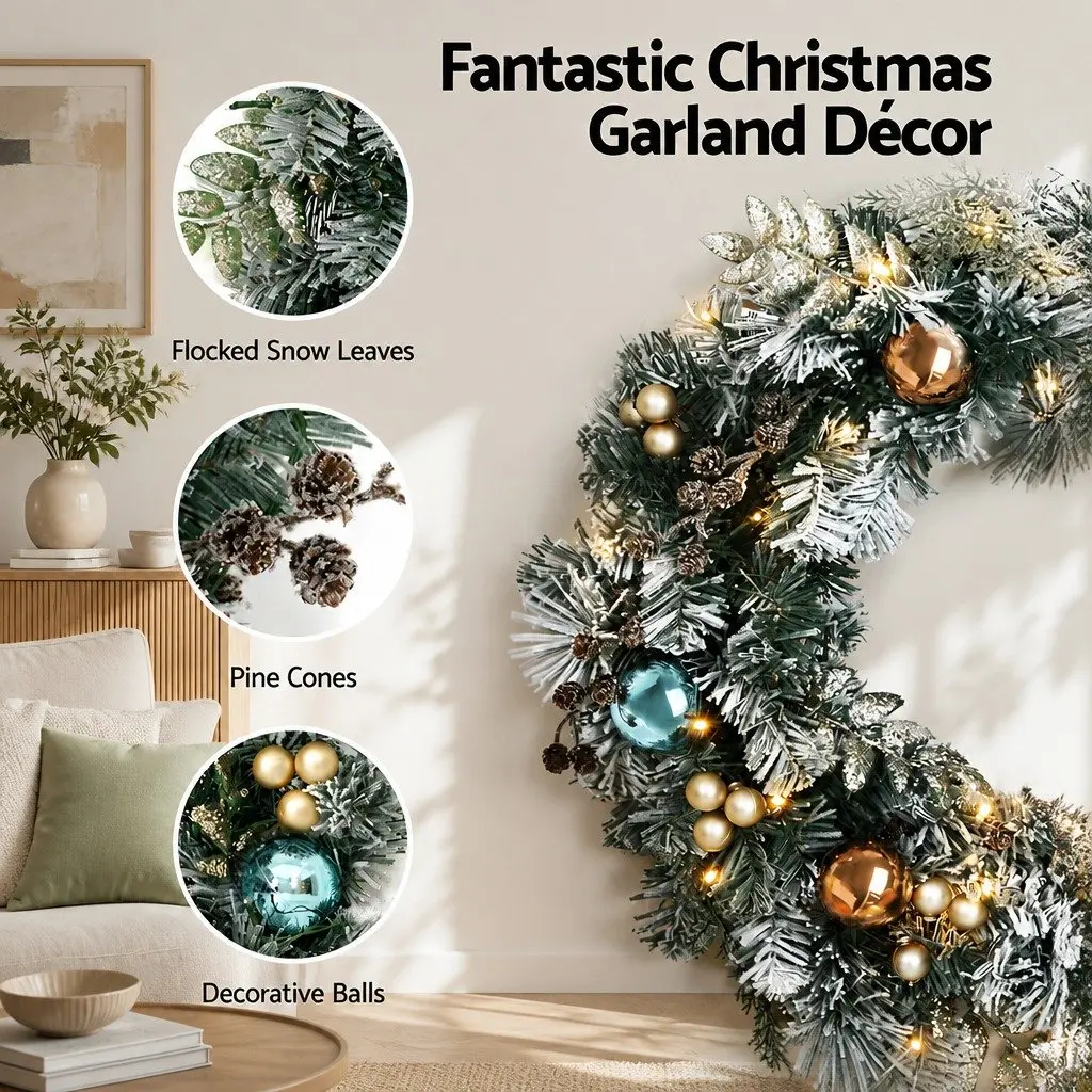 Christmas Wreath 60cm Pre-lit LED Garland Snowy Foliage Indoor Outdoor