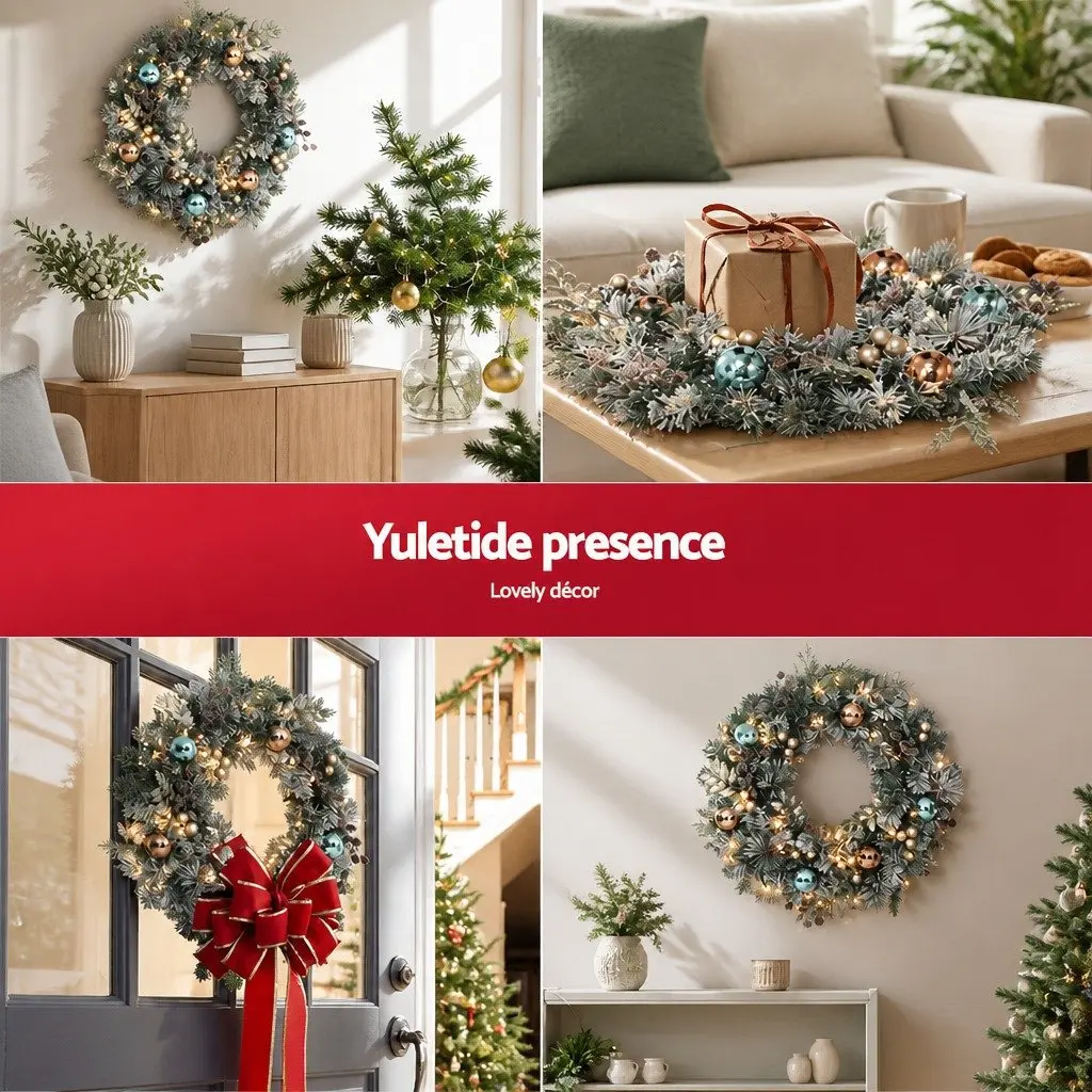 Christmas Wreath 60cm Pre-lit LED Garland Snowy Foliage Indoor Outdoor
