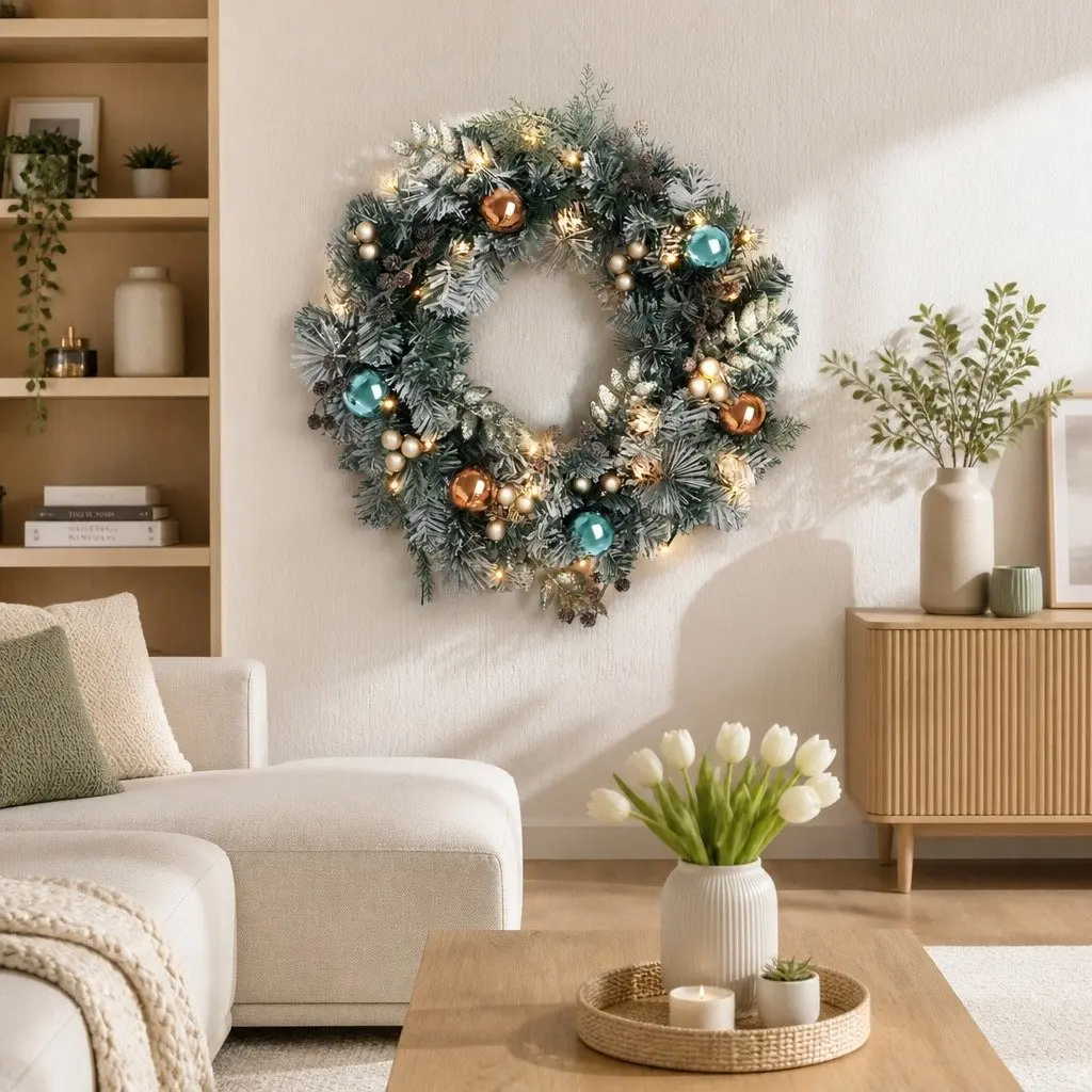 Christmas Wreath 60cm Pre-lit LED Garland Snowy Foliage Indoor Outdoor
