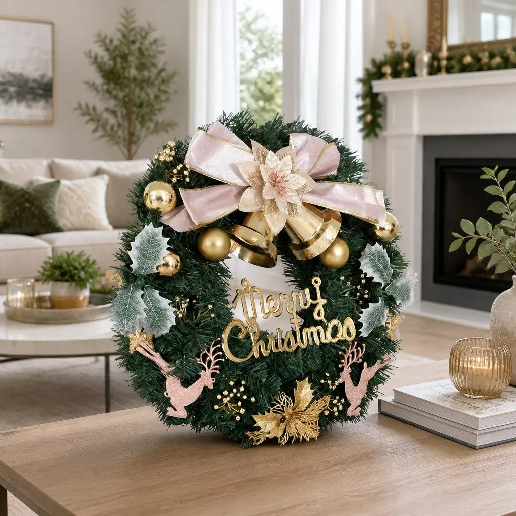 Christmas Wreath 60cm Green with Baubles Gold Bow Reindeer Decor for Holiday Indoor Outdoor Use