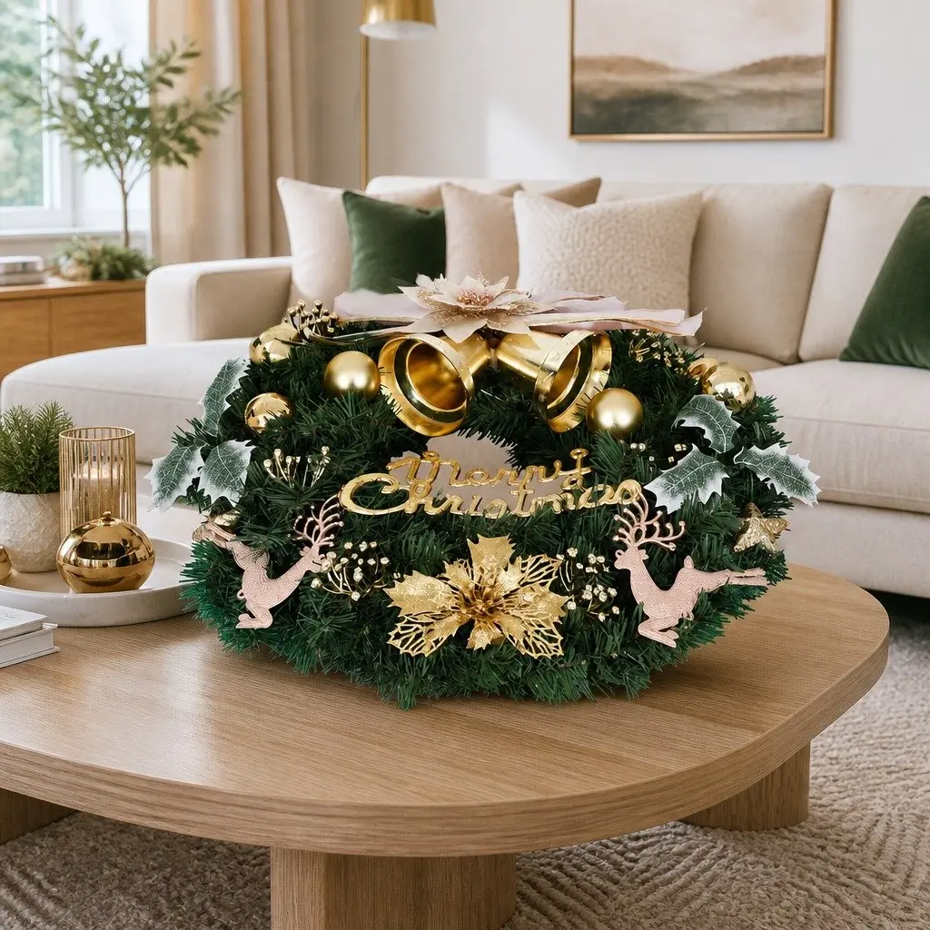 Christmas Wreath 60cm Green with Baubles Gold Bow Reindeer Decor for Holiday Indoor Outdoor Use