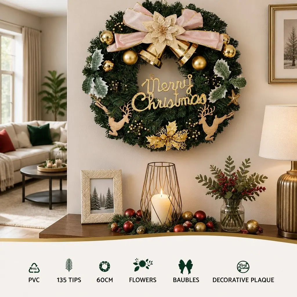 Christmas Wreath 60cm Green with Baubles Gold Bow Reindeer Decor for Holiday Indoor Outdoor Use