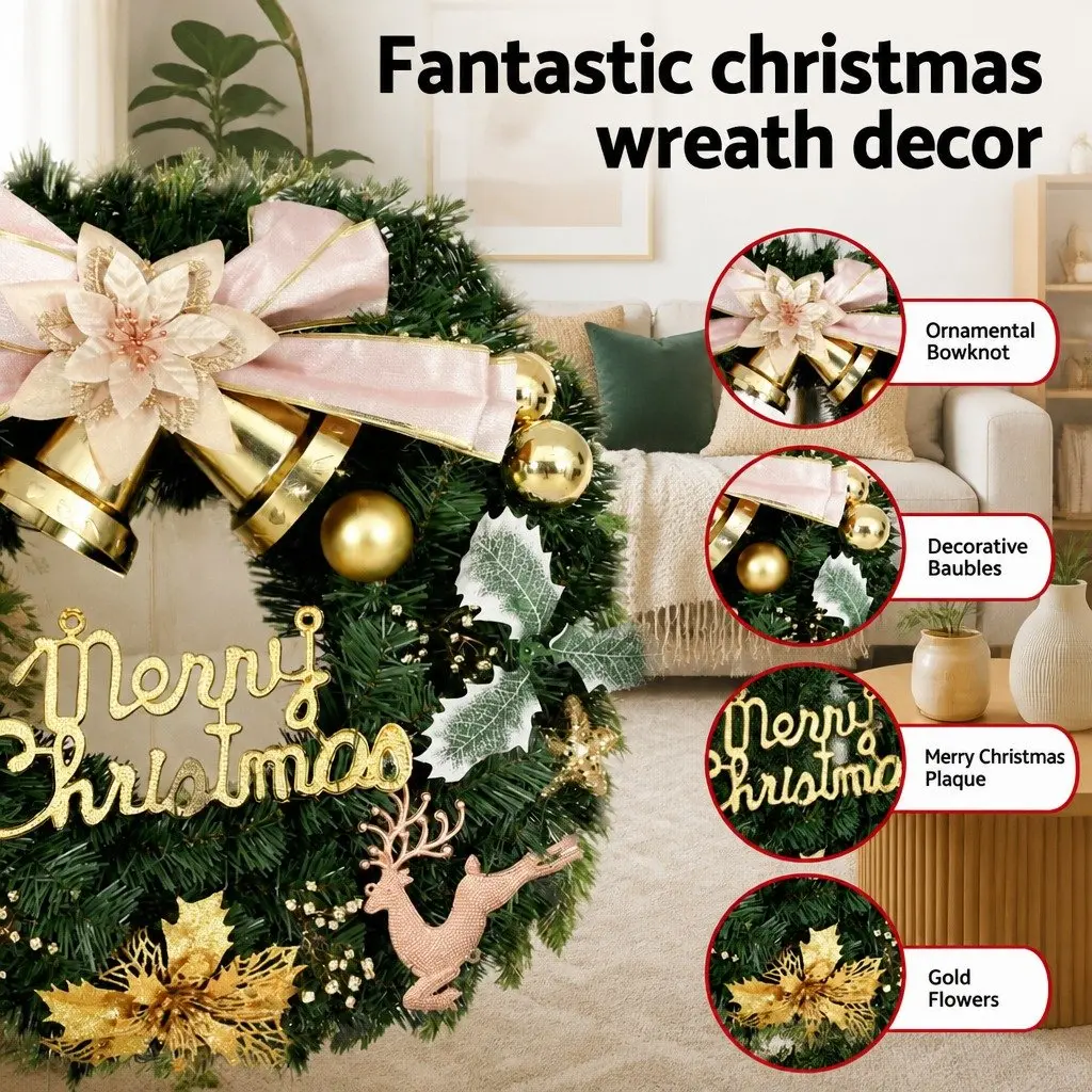 Christmas Wreath 60cm Green with Baubles Gold Bow Reindeer Decor for Holiday Indoor Outdoor Use