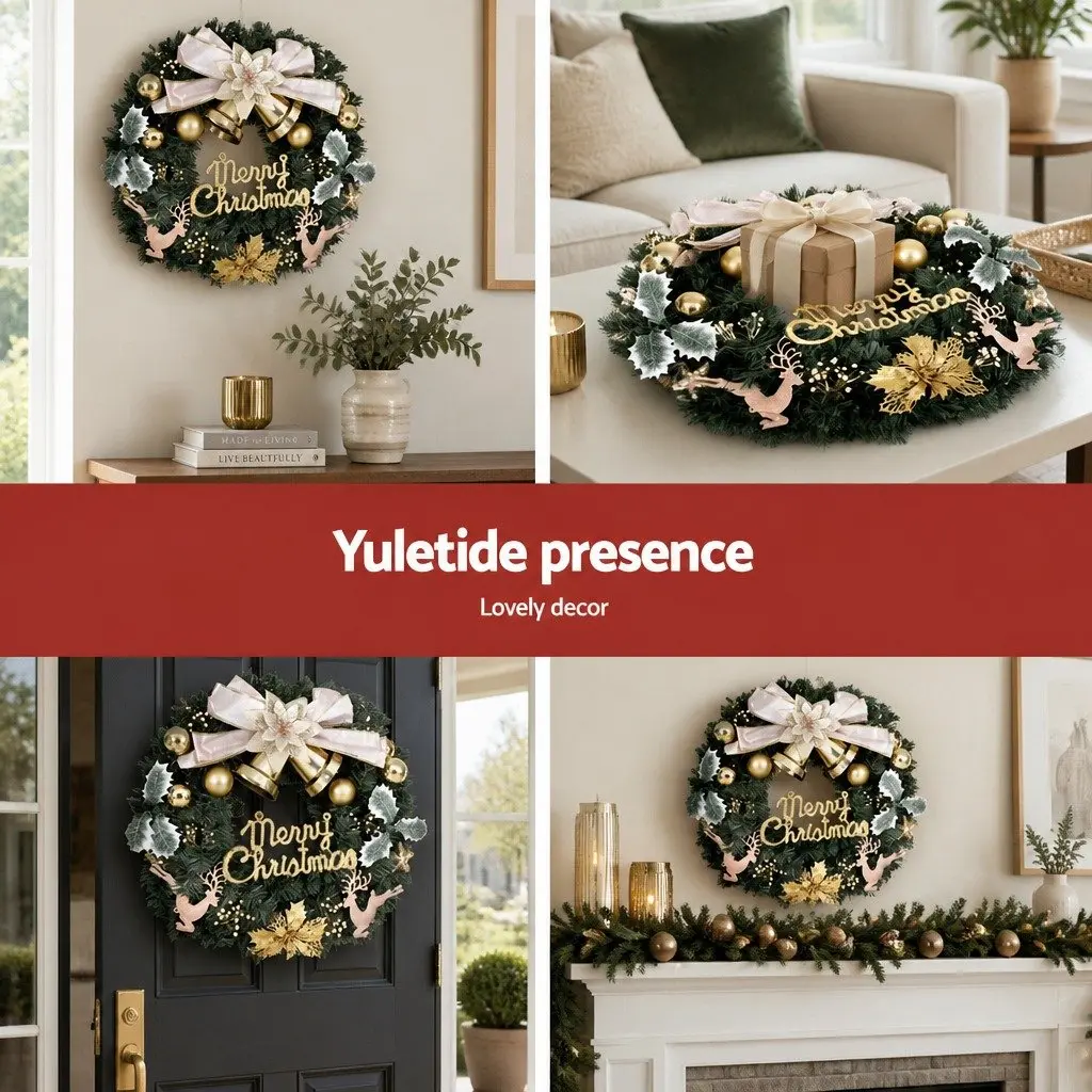 Christmas Wreath 60cm Green with Baubles Gold Bow Reindeer Decor for Holiday Indoor Outdoor Use