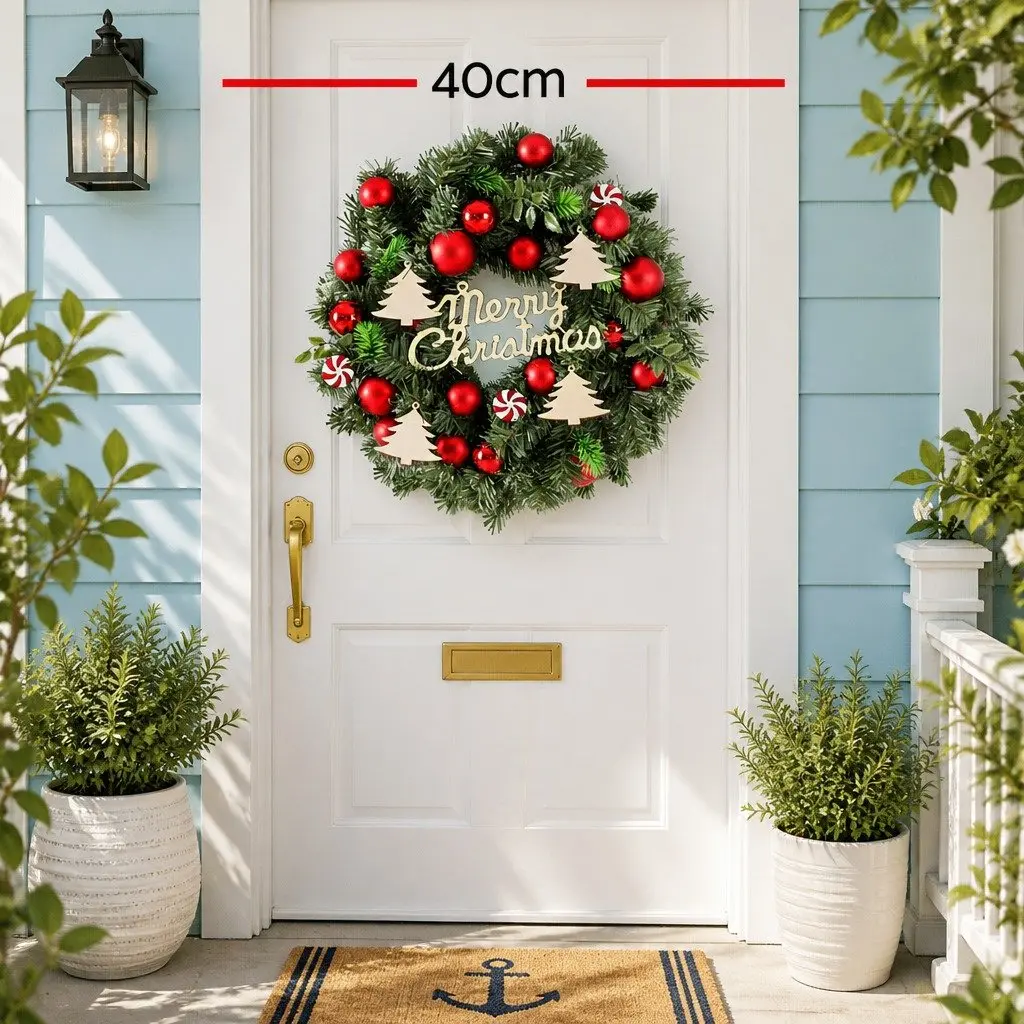 Christmas Wreath 40CM Green Xmas Garland with Baubles Ornaments Indoor Outdoor