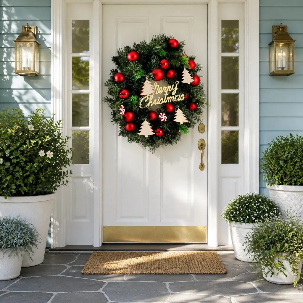 Christmas Wreath 40CM Green Xmas Garland with Baubles Ornaments Indoor Outdoor